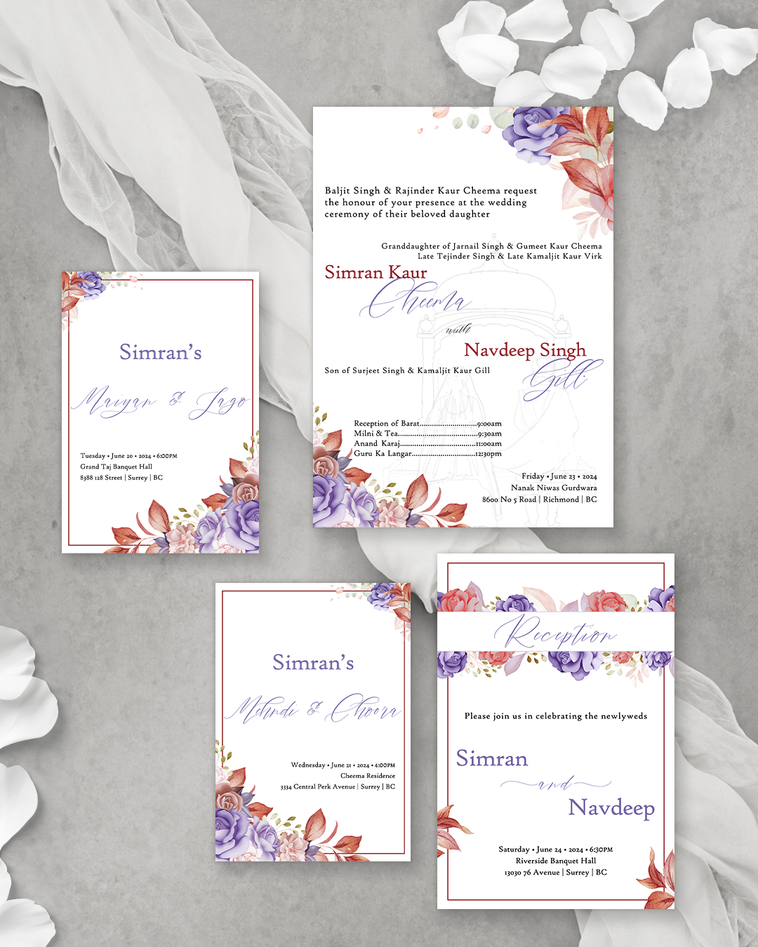 Burgundy Blossom 4-piece Invitation Suite